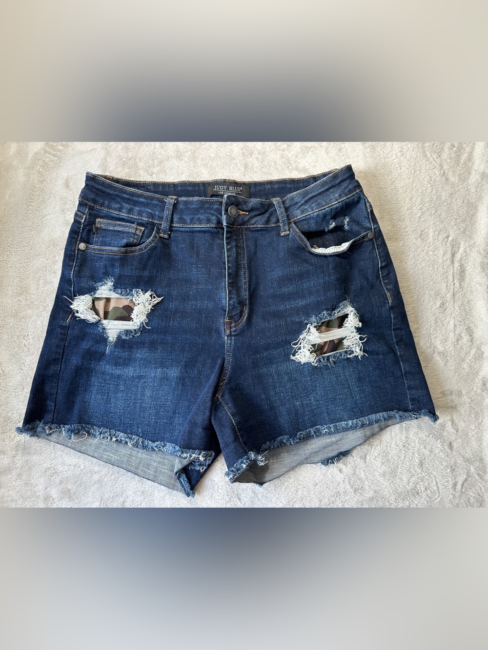 Judy Blue Dark Blue Distressed Jean Shorts with Camo Patch